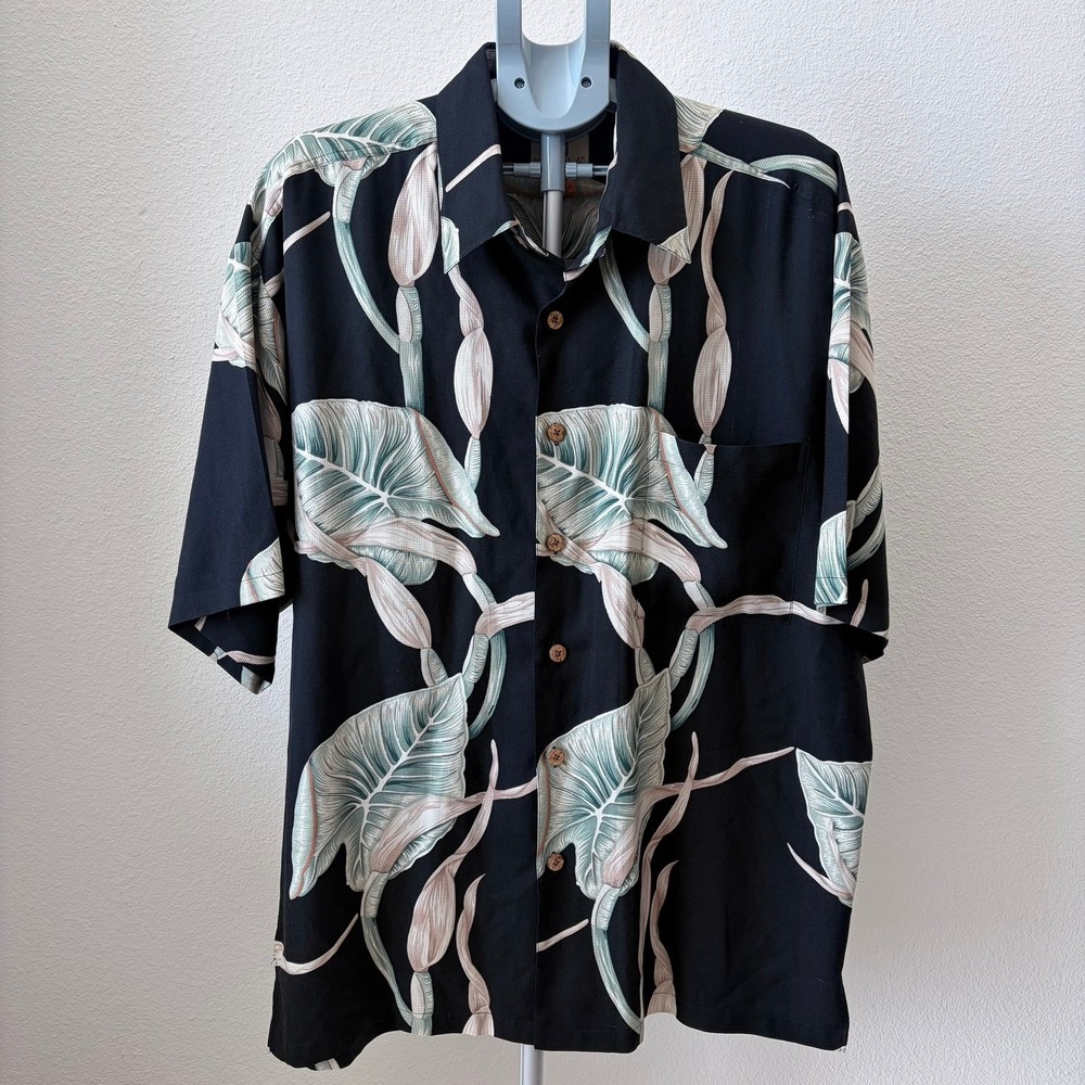 Kahala Hawaiian Islands Men Black Tropical Leaf Print Camp‎ Shirt XL 100% Silk